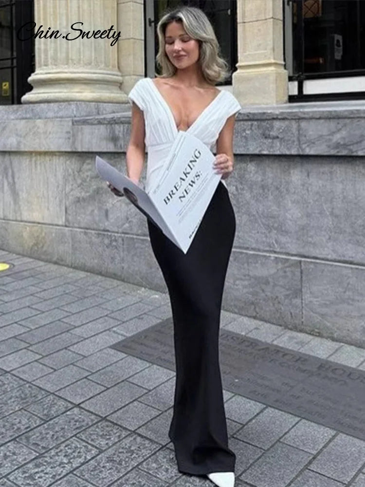 Vestido elegante sin mangas con escote en V profundo y patchwork para mujer, vestido plisado sin espalda, ajustado, para fiesta de verano 2025, para mujer, de noche.