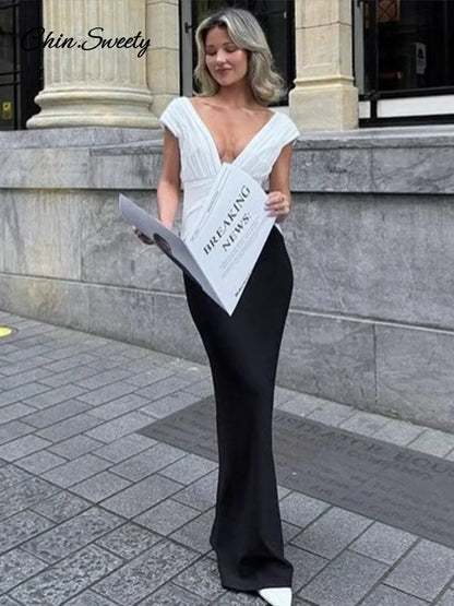 Vestido elegante sin mangas con escote en V profundo y patchwork para mujer, vestido plisado sin espalda, ajustado, para fiesta de verano 2025, para mujer, de noche.