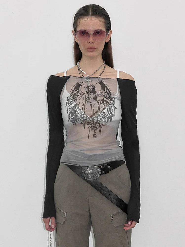 Fashion Knitted Mesh Character Print Graphic T Shirts Casual One-Piece Neckline Long Sleeve Women Clothes See-Through Y2k Top