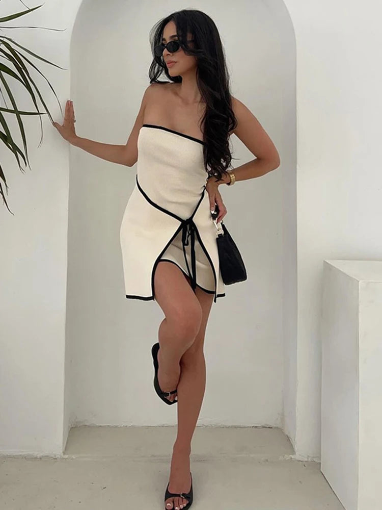 Vestido tubo ajustado de punto a la moda para mujer, minivestido sin mangas con empalme de color en contraste, sexy y elegante para vacaciones en la playa.