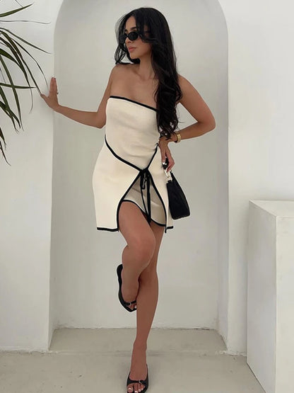 Vestido tubo ajustado de punto a la moda para mujer, minivestido sin mangas con empalme de color en contraste, sexy y elegante para vacaciones en la playa.
