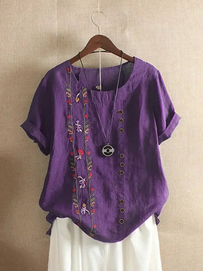 Camisa de lino y algodón con bordado de flores para mujer, blusa informal de verano con cuello redondo y manga corta, color blanco, elegante, estilo urbano