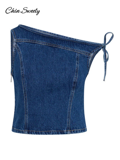 Y2K Off Shoulder Denim Tops Skirt Sets Women Slim Skew Collar Sleeveless Crop Vest Bodycon Skirts 2025 Lady Street 2 Pieces Suit
