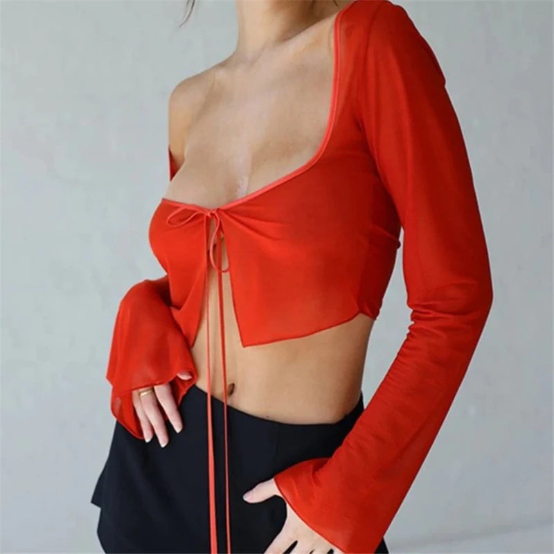 Top corto estético vintage de verano para mujer, camiseta de malla de manga larga con cordones, ropa estilo vendaje Y2K, camisetas casuales grunge