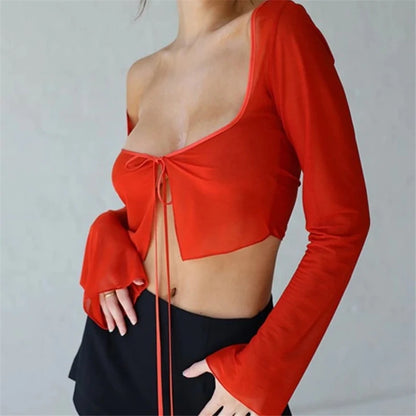 Top corto estético vintage de verano para mujer, camiseta de malla de manga larga con cordones, ropa estilo vendaje Y2K, camisetas casuales grunge