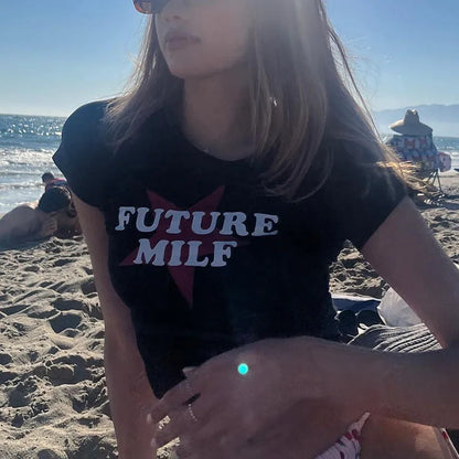 Camiseta de manga corta con cuello redondo y estampado de letras transfronterizas europeas y americanas de verano Y2K para mujer