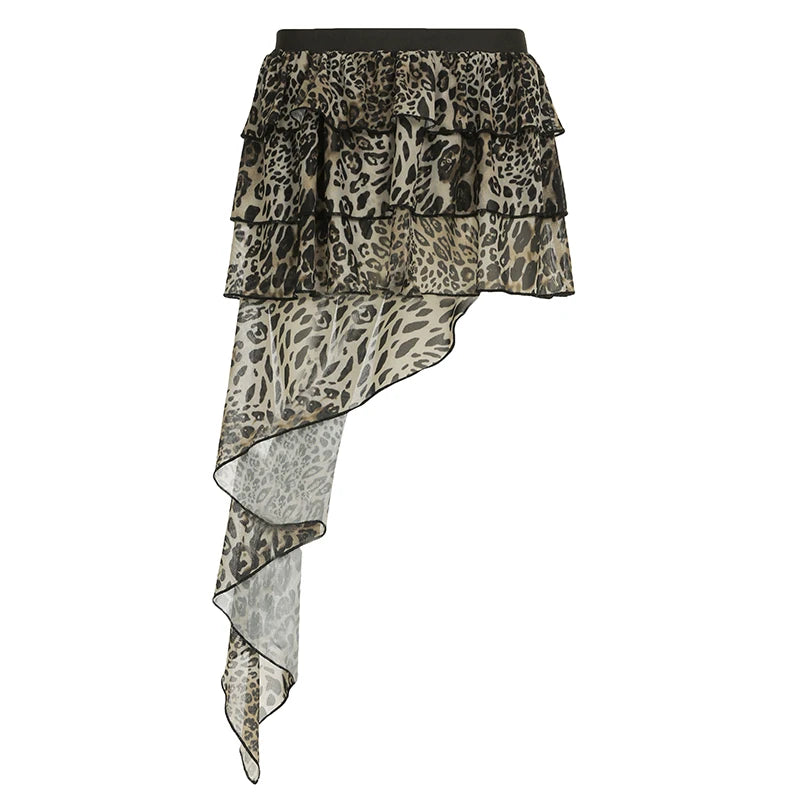 Falda de pastel irregular escalonada Hotsweet para mujer, minifalda con estampado de leopardo elegante Y2k, diseño Gyaru, nueva