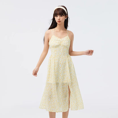Vestido de mujer de gasa con tirantes altos y abertura, vestido de verano nuevo Sen Slim Fit con flores fragmentadas, suave