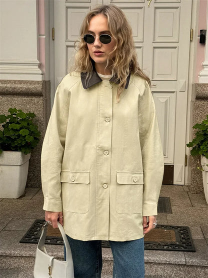 Fashion Pocket Trench Outwear For Women Patchwork Autumn Cardigan Vintage Lapel Loose High Waist Coat Women’s Overcoat New