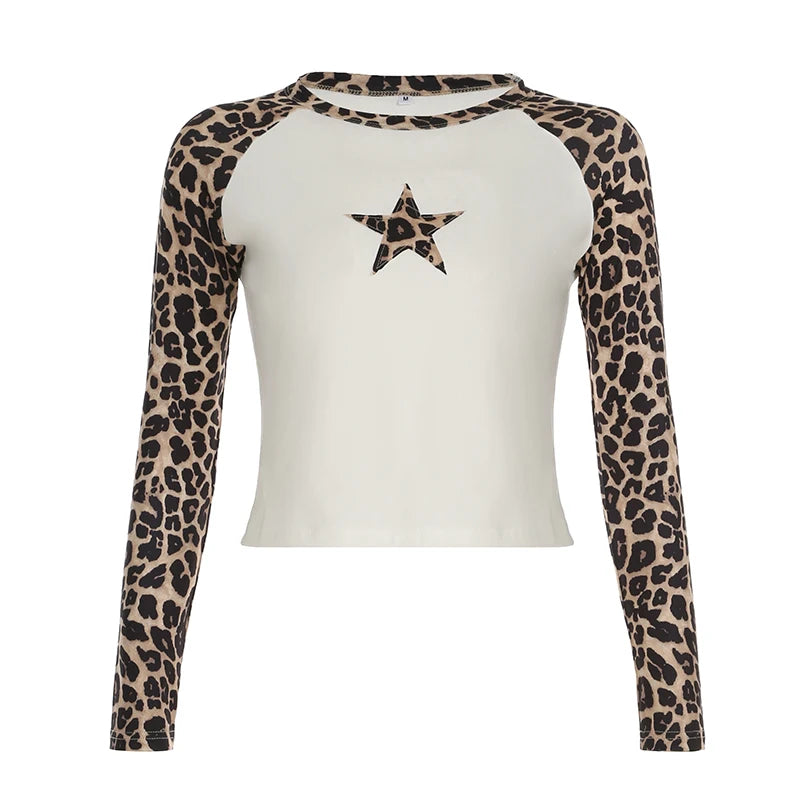 Camisetas de manga larga con estampado de leopardo y cuello redondo para mujer, camisetas con estampado de leopardo, moda de otoño, ropa nueva para mujer