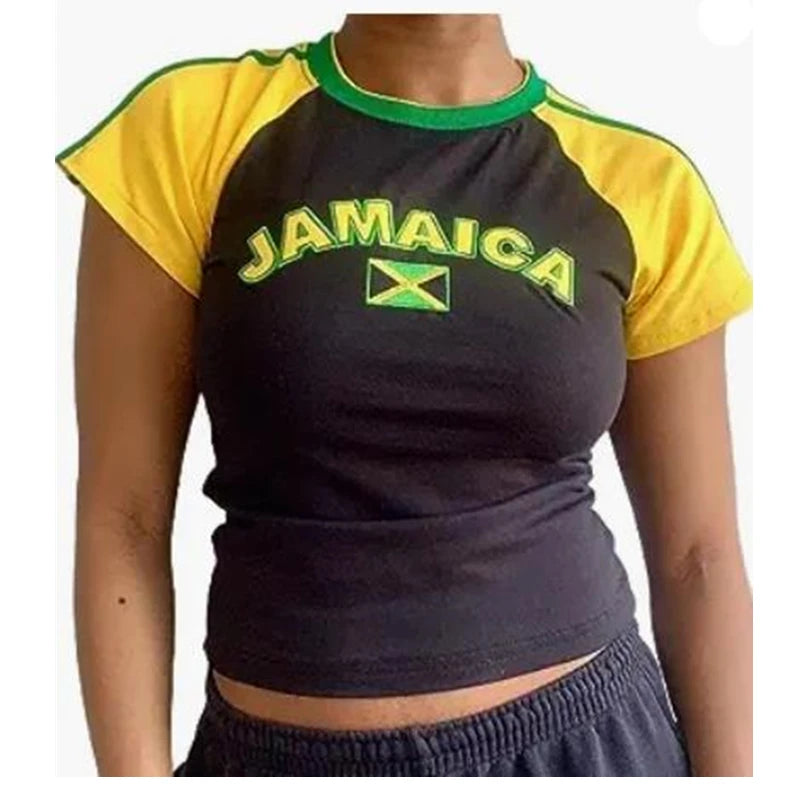 Camiseta corta Jamaica Y2K estética para mujer, con estampado de letras en contraste de color, de manga corta, básica para bebé, ropa de los años 2000