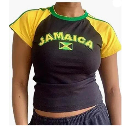 Camiseta corta Jamaica Y2K estética para mujer, con estampado de letras en contraste de color, de manga corta, básica para bebé, ropa de los años 2000
