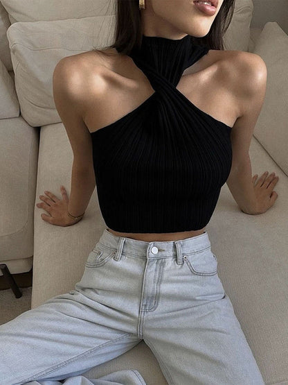 Knit Sweater Pullover Women Ribbed Twist Off-Shoulder Slim Summer Patchwork High Waist Tank Top Knitwear Female Y2k Top