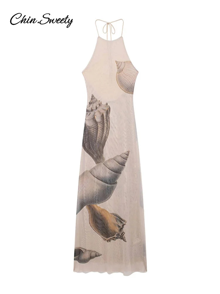 Vestidos largos de tul con espalda descubierta y estampados para mujer, vestidos de fiesta sin mangas con cuello halter y cordones, moda 2025, batas ajustadas para vacaciones en la playa.