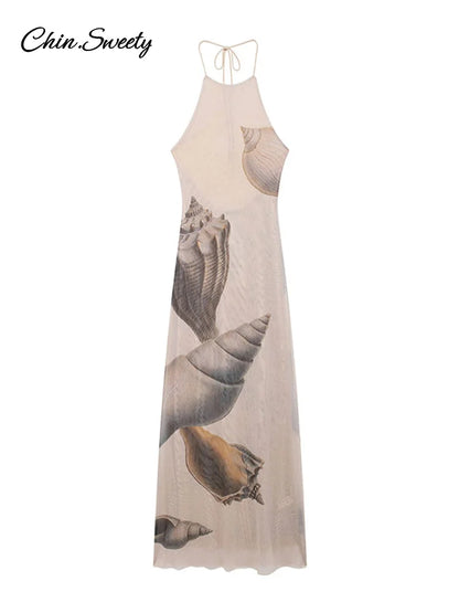 Vestidos largos de tul con espalda descubierta y estampados para mujer, vestidos de fiesta sin mangas con cuello halter y cordones, moda 2025, batas ajustadas para vacaciones en la playa.
