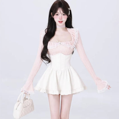 Conjunto de falda de dos piezas Y2K con cuello cuadrado de encaje, top de manga larga, minifalda halter de cintura alta, moda coreana, conjuntos sexys kawaii, nuevo