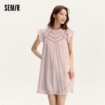 Vestido de mujer con volantes suaves, mangas cortas con vuelo, minifalda texturizada, vestido de verano nuevo con aberturas.