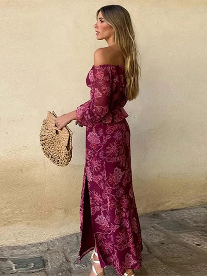 Conjunto de falda y top con estampado vintage para mujer, de un solo hombro, manga larga, cintura alta, dobladillo con volantes, falda con abertura alta, trajes de playa para vacaciones.