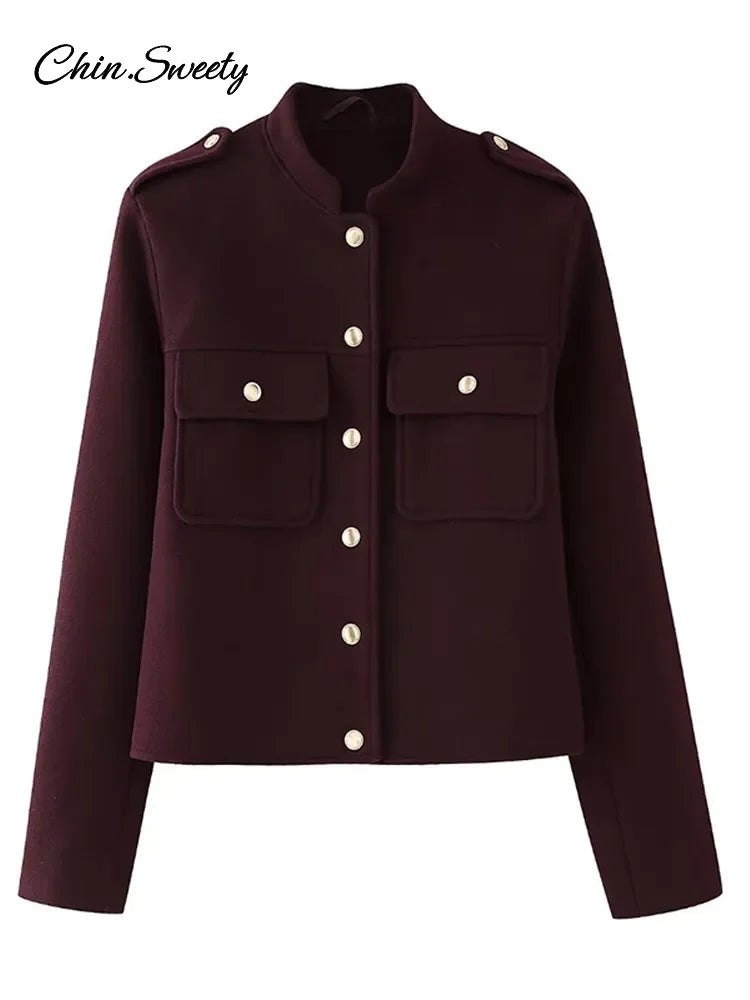Chaqueta de lana color burdeos para mujer, cuello alto, botonadura sencilla, bolsillo, abrigo corto grueso, ropa de otoño para el día a día, nueva