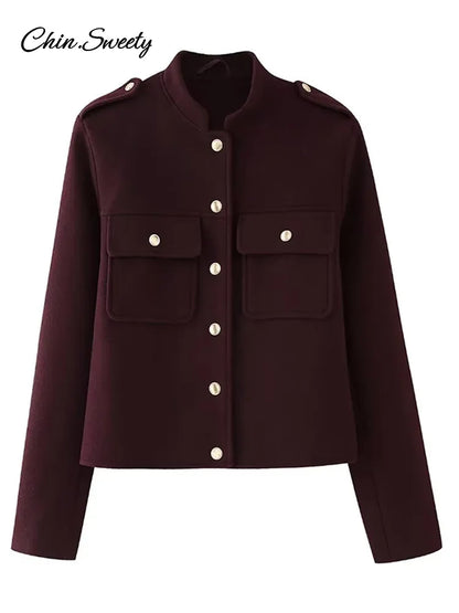 Chaqueta de lana color burdeos para mujer, cuello alto, botonadura sencilla, bolsillo, abrigo corto grueso, ropa de otoño para el día a día, nueva