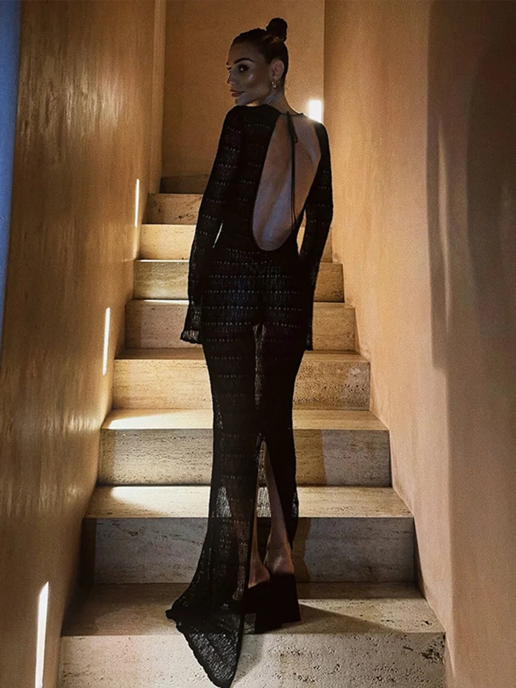 Elegant Hollow Out Knitted Long Dress Women Sexy Backless Solid Long Sleeve Slim Maxi Dresses Female Chic Party Beach Holiday