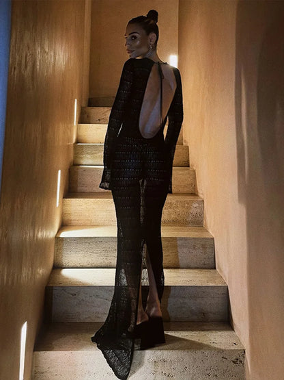 Elegant Hollow Out Knitted Long Dress Women Sexy Backless Solid Long Sleeve Slim Maxi Dresses Female Chic Party Beach Holiday