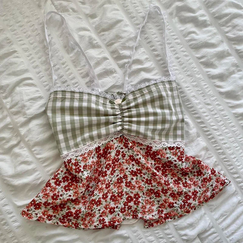 Blusas de lechera con estampado floral a cuadros, estilo retro de los años 00, estilo coqueta, Fairycore Y2K, con ribete de encaje, sin espalda, con lazo, mini chaleco elegante y bonito