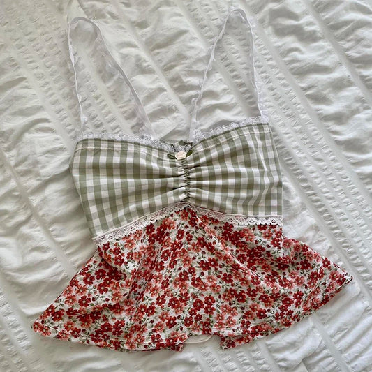 Blusas de lechera con estampado floral a cuadros, estilo retro de los años 00, estilo coqueta, Fairycore Y2K, con ribete de encaje, sin espalda, con lazo, mini chaleco elegante y bonito