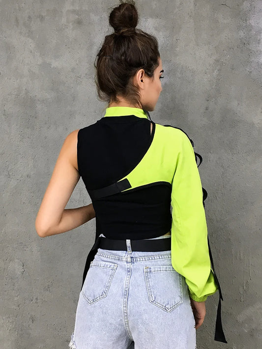 Neon Green One Shoulder Off Halter Top Harajuku Black Reflective Tshirt Women Hip Hop Street Wear Tee Shirt Femme