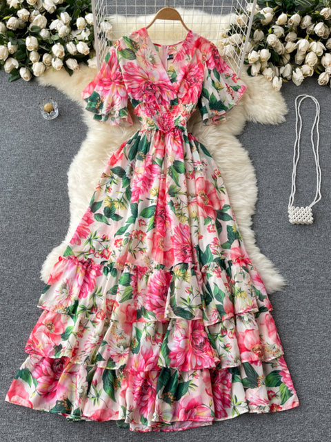 Elegante vestido de fiesta para mujer, de gasa, estampado floral, largo, manga corta, sexy, cuello en V, para playa