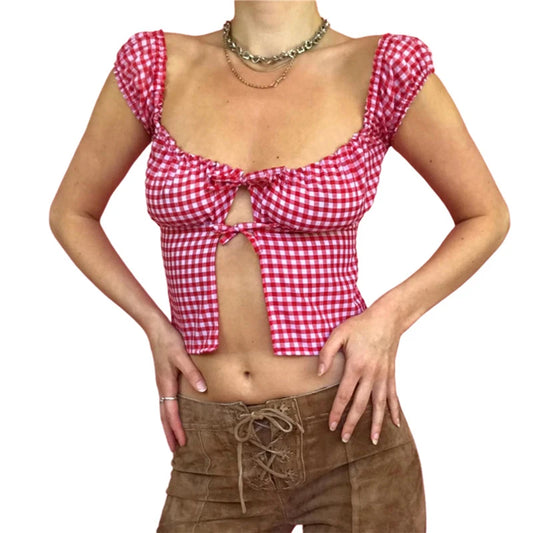 Top corto de cuadros grunge de hadas para mujer, camiseta de manga corta con lazo, estilo kawaii con hombros descubiertos, ropa femenina de verano