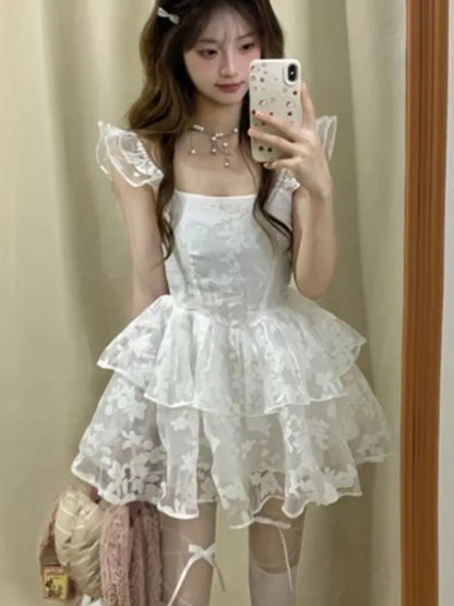 Elegante vestido de fiesta de princesa blanco sin mangas de verano nuevo Y2K con volantes, vestidos cortos de corte A para mujer, vestido coreano de una pieza