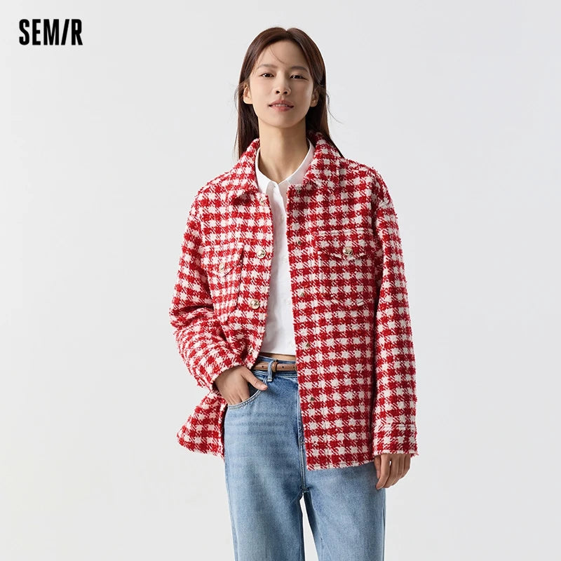 Prendas de abrigo para mujer, estilo medio largo, moda nueva primavera, top de tweed a cuadros
