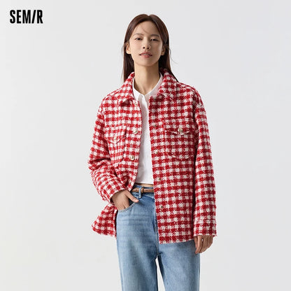 Prendas de abrigo para mujer, estilo medio largo, moda nueva primavera, top de tweed a cuadros