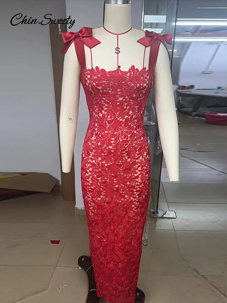 Sexy Red Hollow Out Long Party Dress Women Lace Up Slim Hip Package Sleeveless Dresses 2025 Lady Christmas Evening Robes New