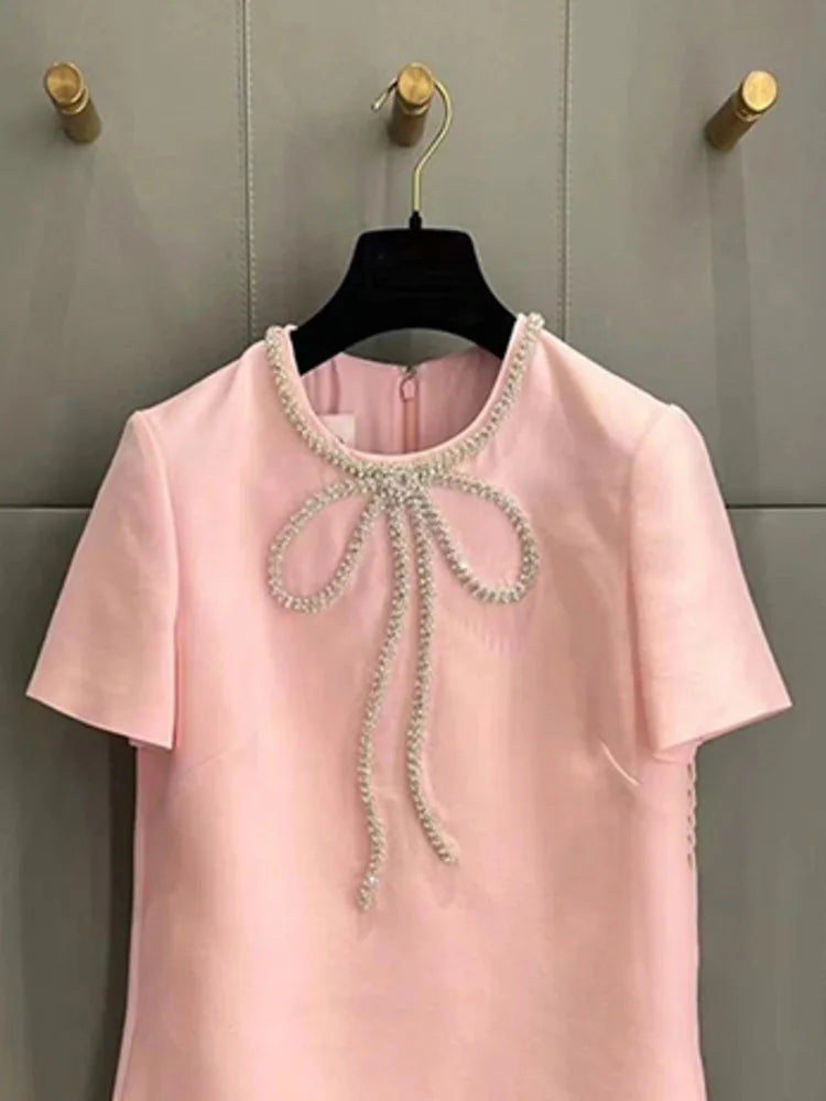 Vestido corto de moda Hotsweet con lazo de cuentas de diamantes, color liso, cuello redondo, elegante, corte A, para mujer, primavera-verano 2025, 23A9653