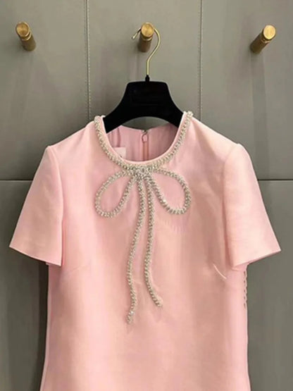 Vestido corto de moda Hotsweet con lazo de cuentas de diamantes, color liso, cuello redondo, elegante, corte A, para mujer, primavera-verano 2025, 23A9653