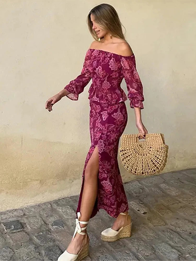 Conjunto de falda y top con estampado vintage para mujer, de un solo hombro, manga larga, cintura alta, dobladillo con volantes, falda con abertura alta, trajes de playa para vacaciones.
