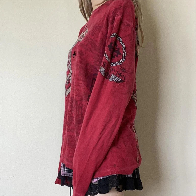 Camiseta de manga larga con cuello redondo y estampado gráfico gótico de Fairy Grunge Y2K para mujer, ropa emo de los años 2000, ropa urbana