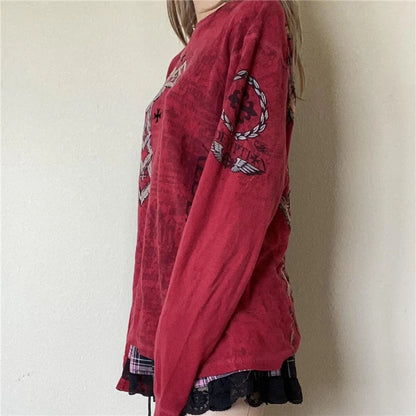 Camiseta de manga larga con cuello redondo y estampado gráfico gótico de Fairy Grunge Y2K para mujer, ropa emo de los años 2000, ropa urbana