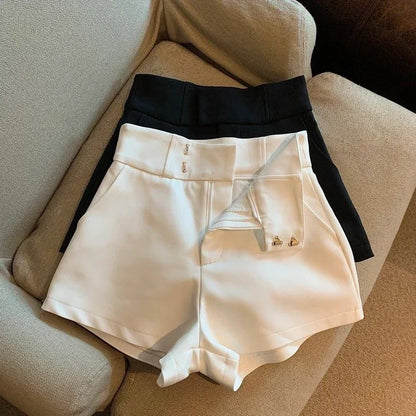 Pantalones cortos elegantes de traje para mujer, pantalones cortos lisos de cintura alta y pierna ancha para oficina, moda coreana, pantalones cortos sencillos en blanco y negro que combinan con todo.
