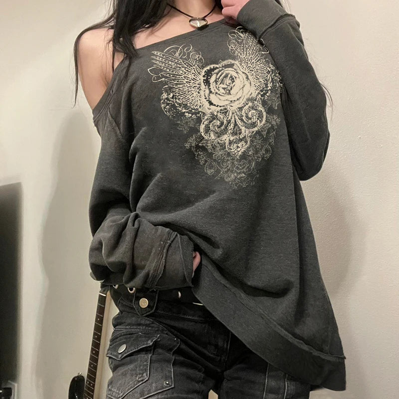 Suéteres con cuello inclinado y estampado gráfico para mujer, conjuntos urbanos Y2K, sudadera de moda Harajuku, top retro de estilo grunge