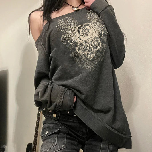Suéteres con cuello inclinado y estampado gráfico para mujer, conjuntos urbanos Y2K, sudadera de moda Harajuku, top retro de estilo grunge