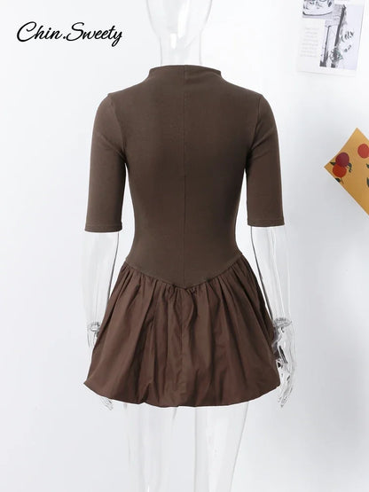 Elegant Knitted Patchwork Brown A-line Dress Women O-neck Short Sleeves Pleated Ruffles Mini Dresses 2025 Lady Solid Vestidos
