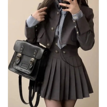 Conjunto de 3 piezas de otoño para mujer, falda kawaii, abrigo corto, minifalda plisada, camisa a rayas, moda coreana Y2K