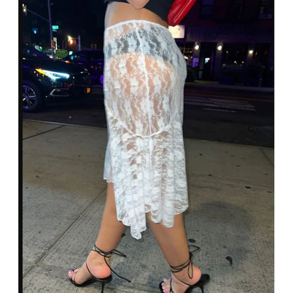 Falda de encaje para mujer, blanca, transparente, con encaje floral, cintura baja, midi, Y2K, estética Fairycore, falda playera, ropa de club.