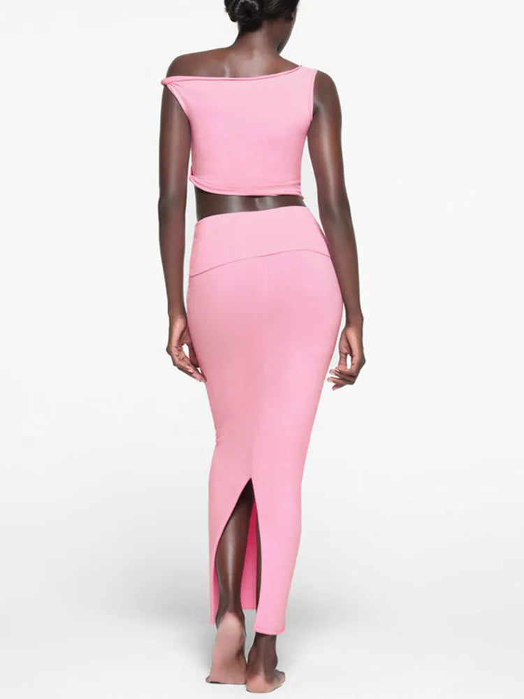 Off-shoulder Vest 2-piece Skirt Suit Women’s Summer Solid Color Slim Sleeveless Slit Long Skirt Suit Women’s 2-piece Suit