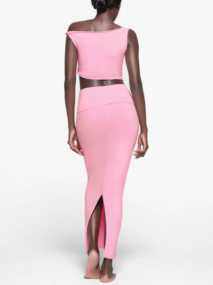 Off-shoulder Vest 2-piece Skirt Suit Women’s Summer Solid Color Slim Sleeveless Slit Long Skirt Suit Women’s 2-piece Suit