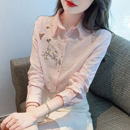 Blusas bordadas para mujer, primavera y otoño, informales, de manga larga, con cuello vuelto, de color liso, DF4775