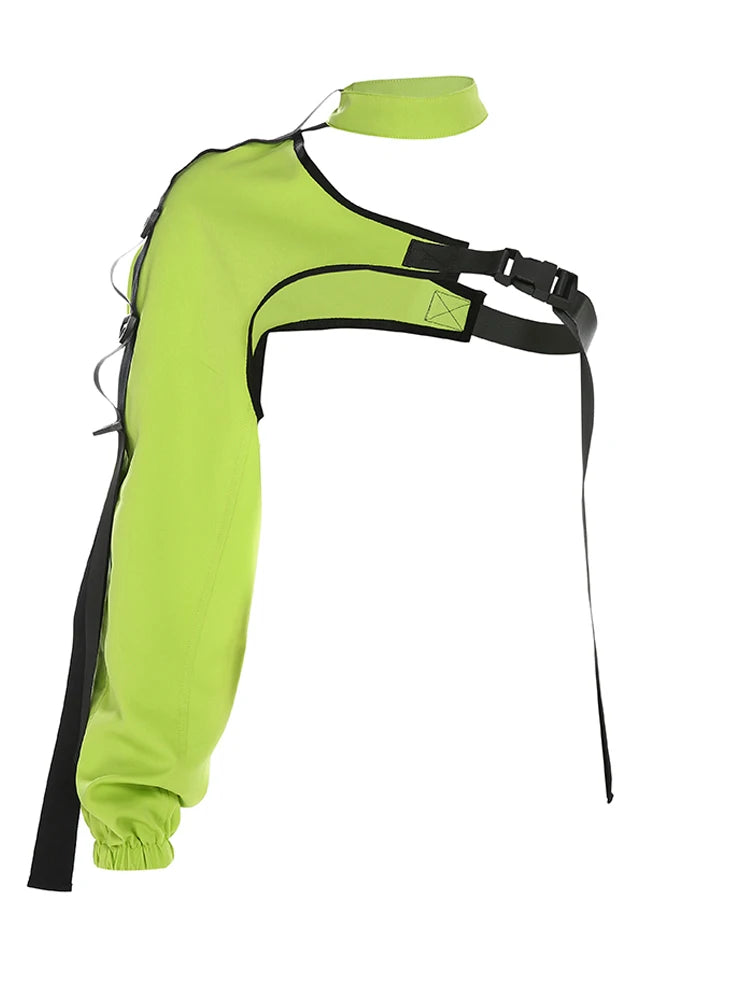 Neon Green One Shoulder Off Halter Top Harajuku Black Reflective Tshirt Women Hip Hop Street Wear Tee Shirt Femme